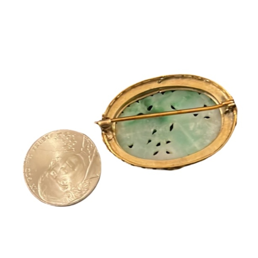 Antique Art Deco Gold Apple Jade Floral Cherry Blossom Pearl Lined Cameo Brooch - Picture 7 of 16
